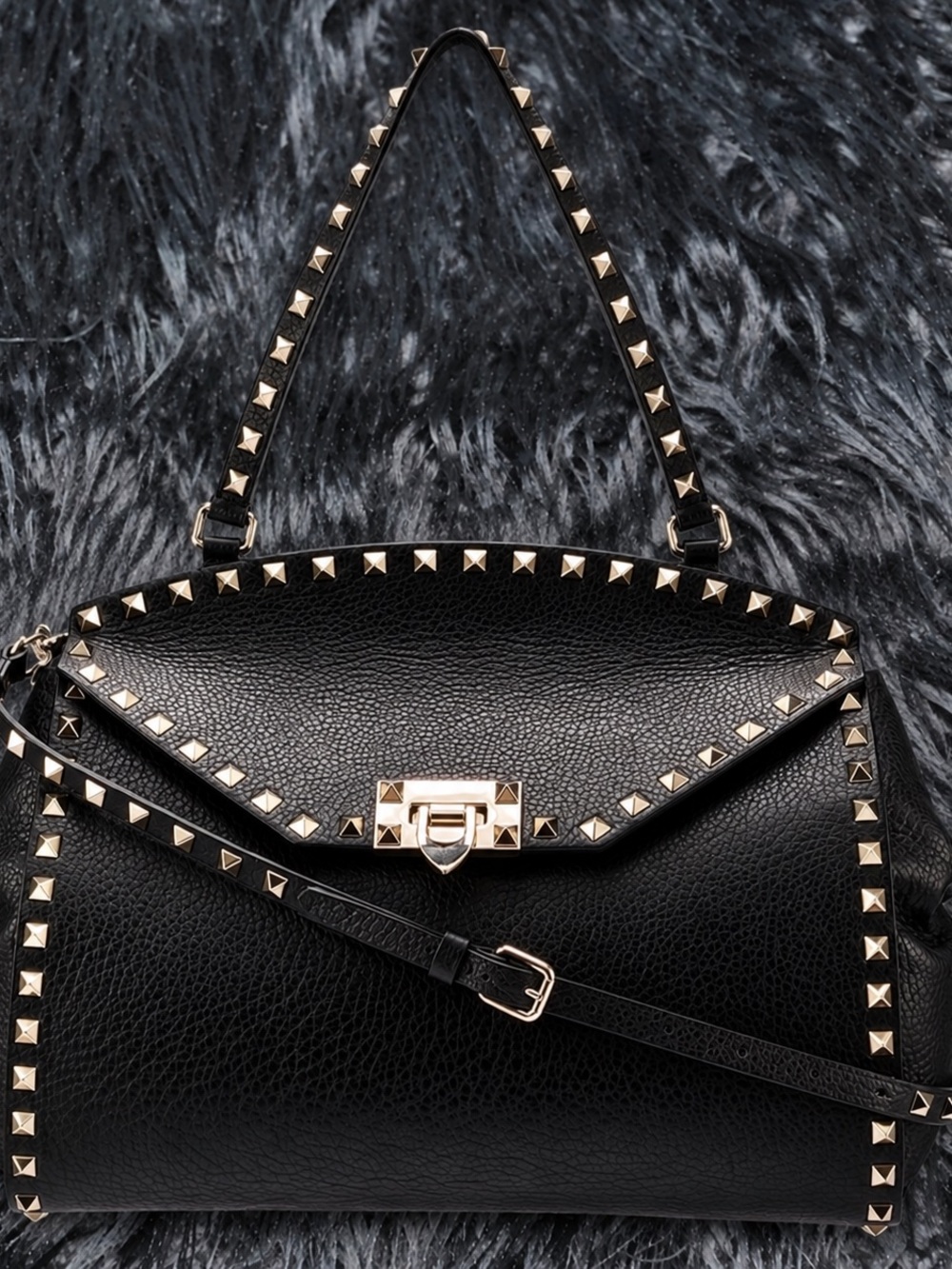 Valentino Black Leather Stud-Trim Top Handle Satchel with Silver Hardware